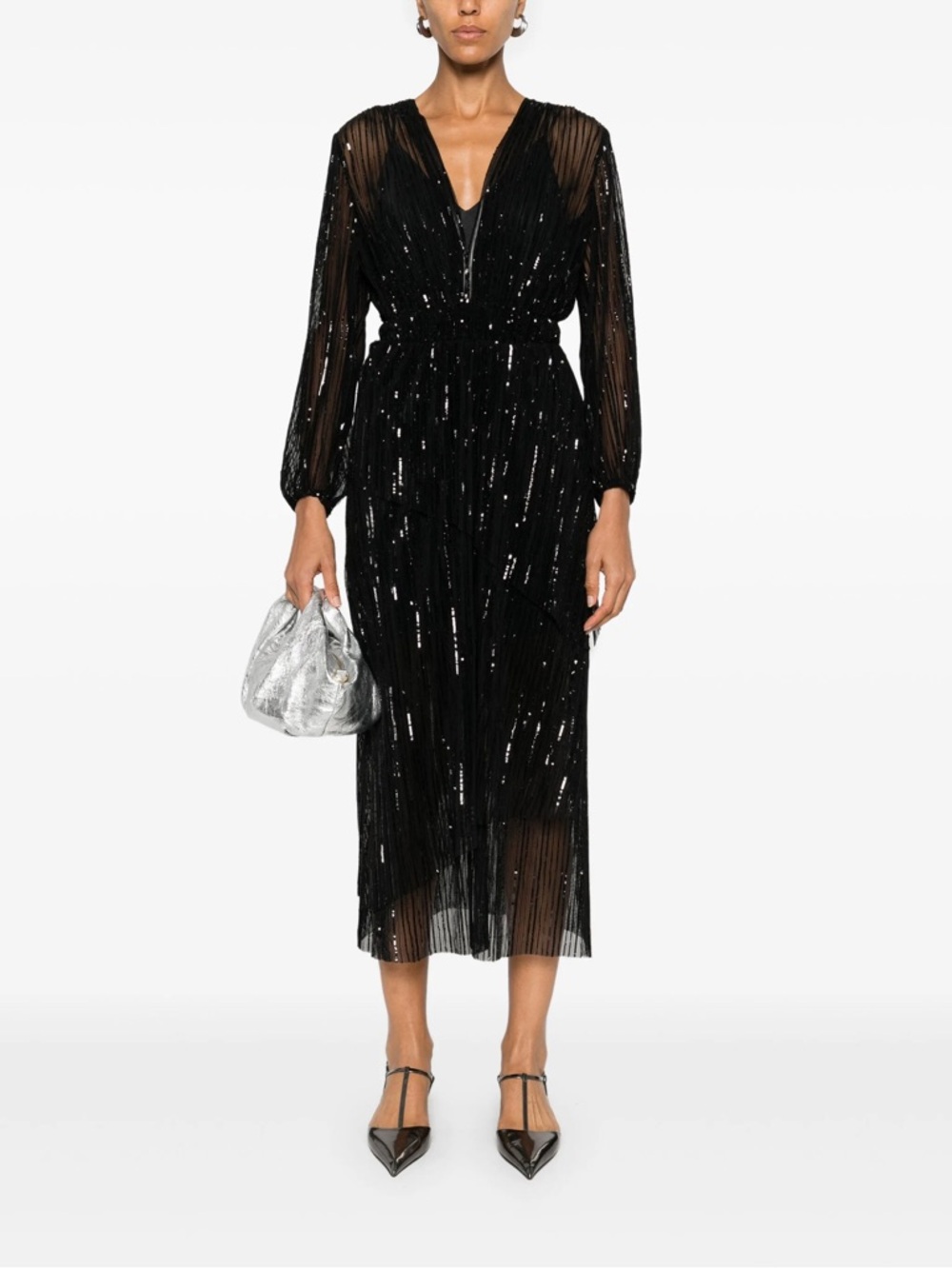 Maje Reota Asymmetrical Black Sequined Midi  V-Neck Long-Sleeve Midi Dress